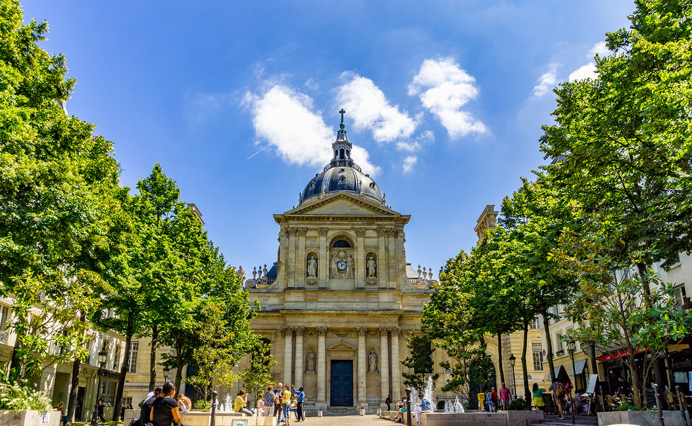 PARIS, FRANCE - APRIL 13, 2017: Sorbonne square, Place de la Sorbonne was opened in 1639. It is located in Latin Quarter. View of the Sorbonne Chapel from Sorbonne square. High Resolution Image.
