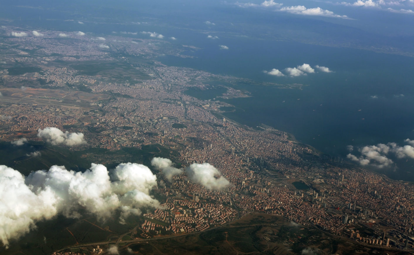 Istanbul under white partial clouds, with over 17 million population through a Bird's Eye View.