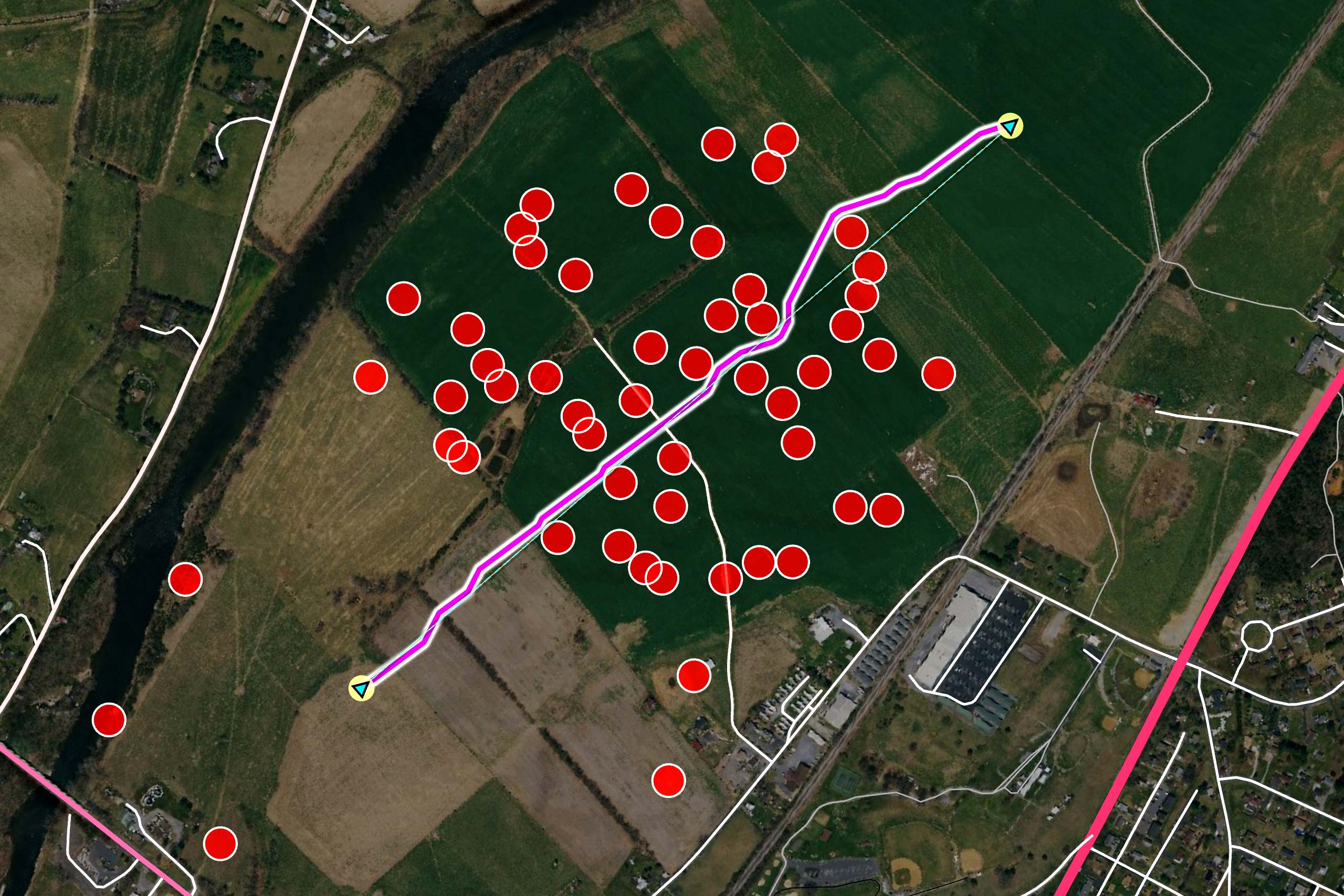 Screenshot from a Carmenta technical demonstrator that showcases the ability of the routing engine to immediately adapt to new obstacles as they are detected.