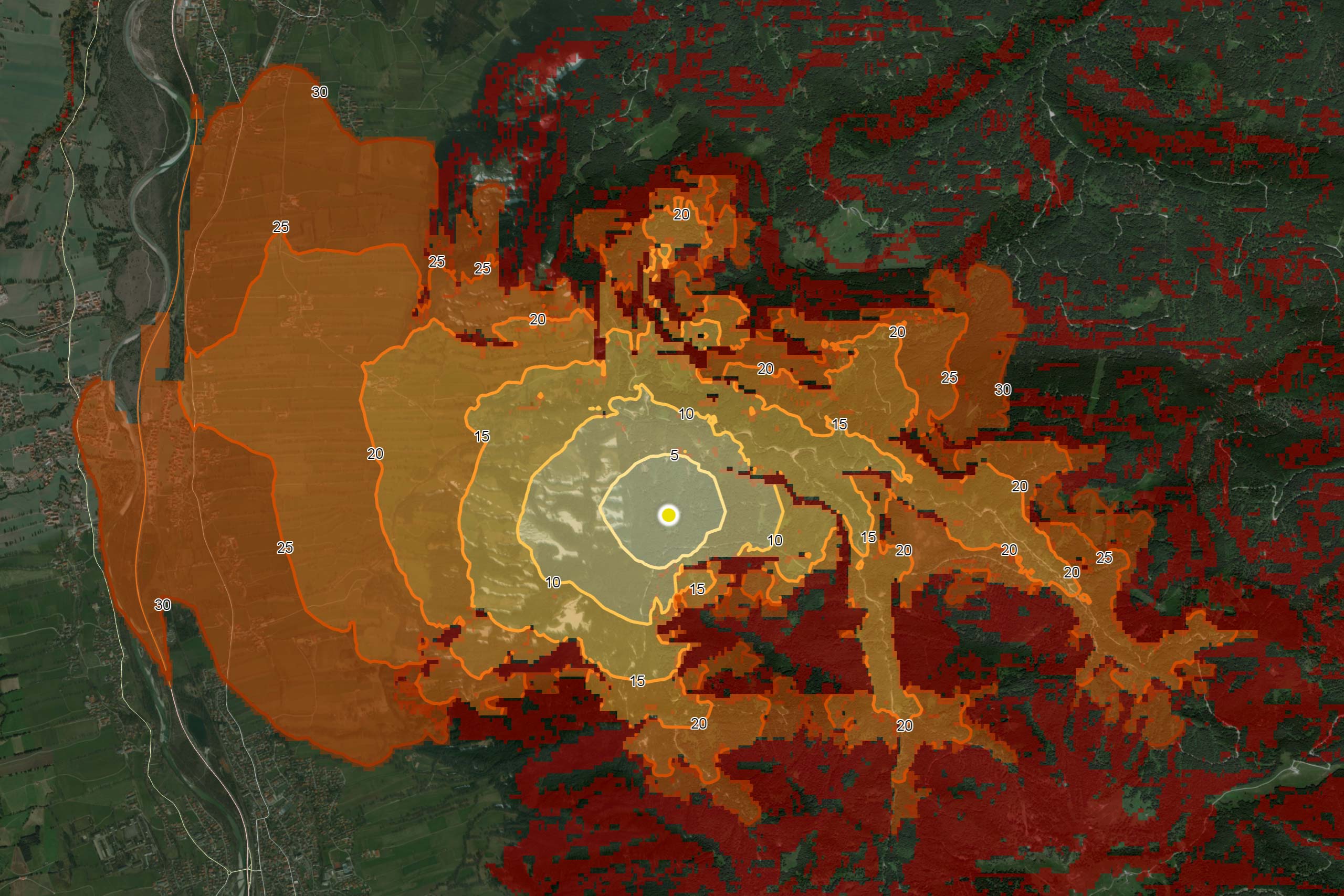 Map showing yellow and orange isochrones indicating how far a UGV can travel within a set time, aiding terrain assessment.