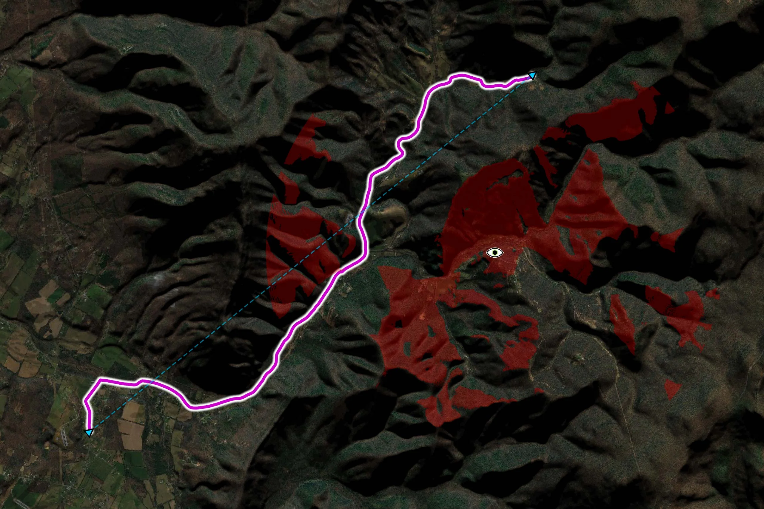 UGV route generated with Carmenta’s technology, considering terrain and avoiding detection by an enemy observer.