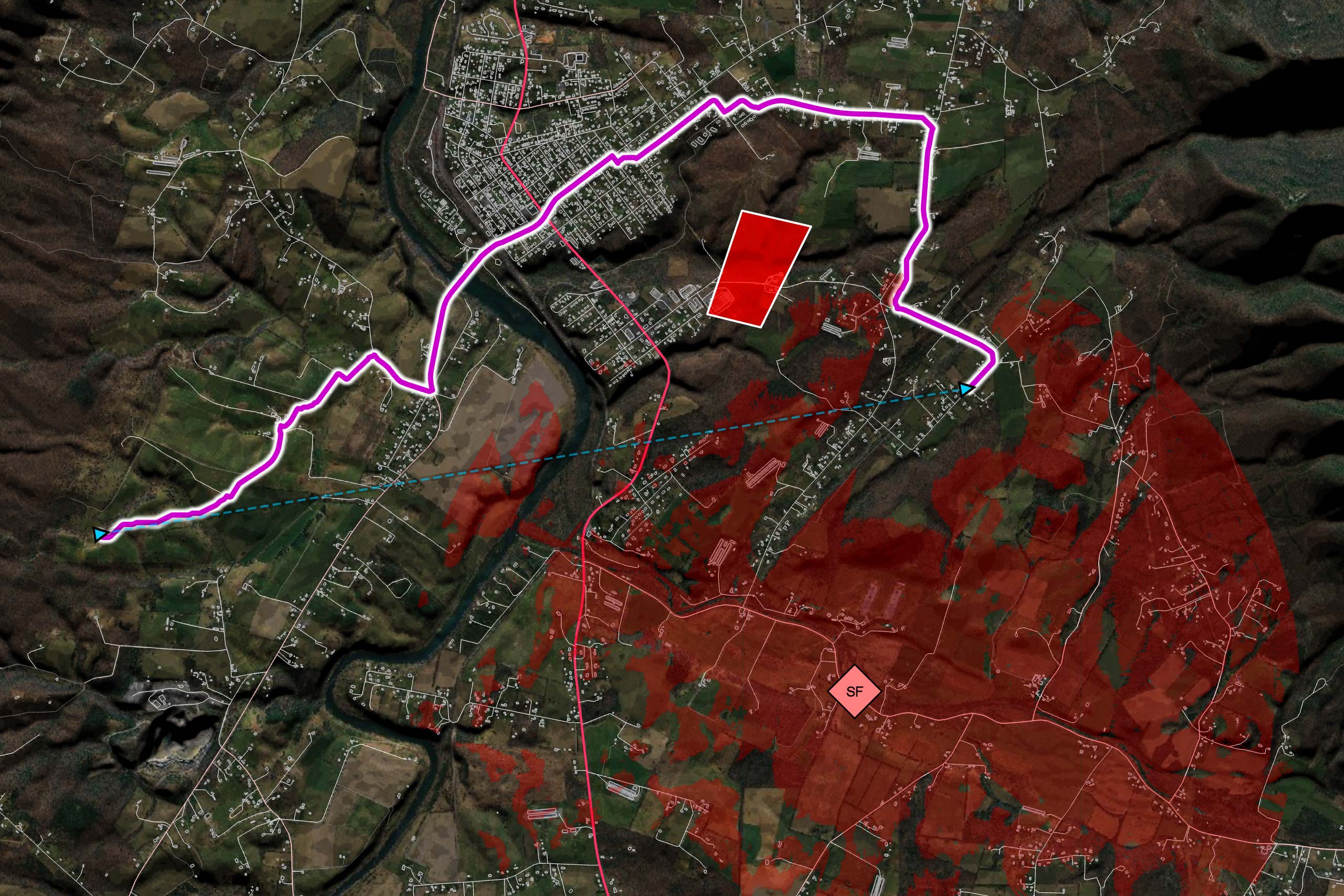 Planning a tactical route in a city, avoiding restricted areas and enemy observers' viewshed, on and off roads.