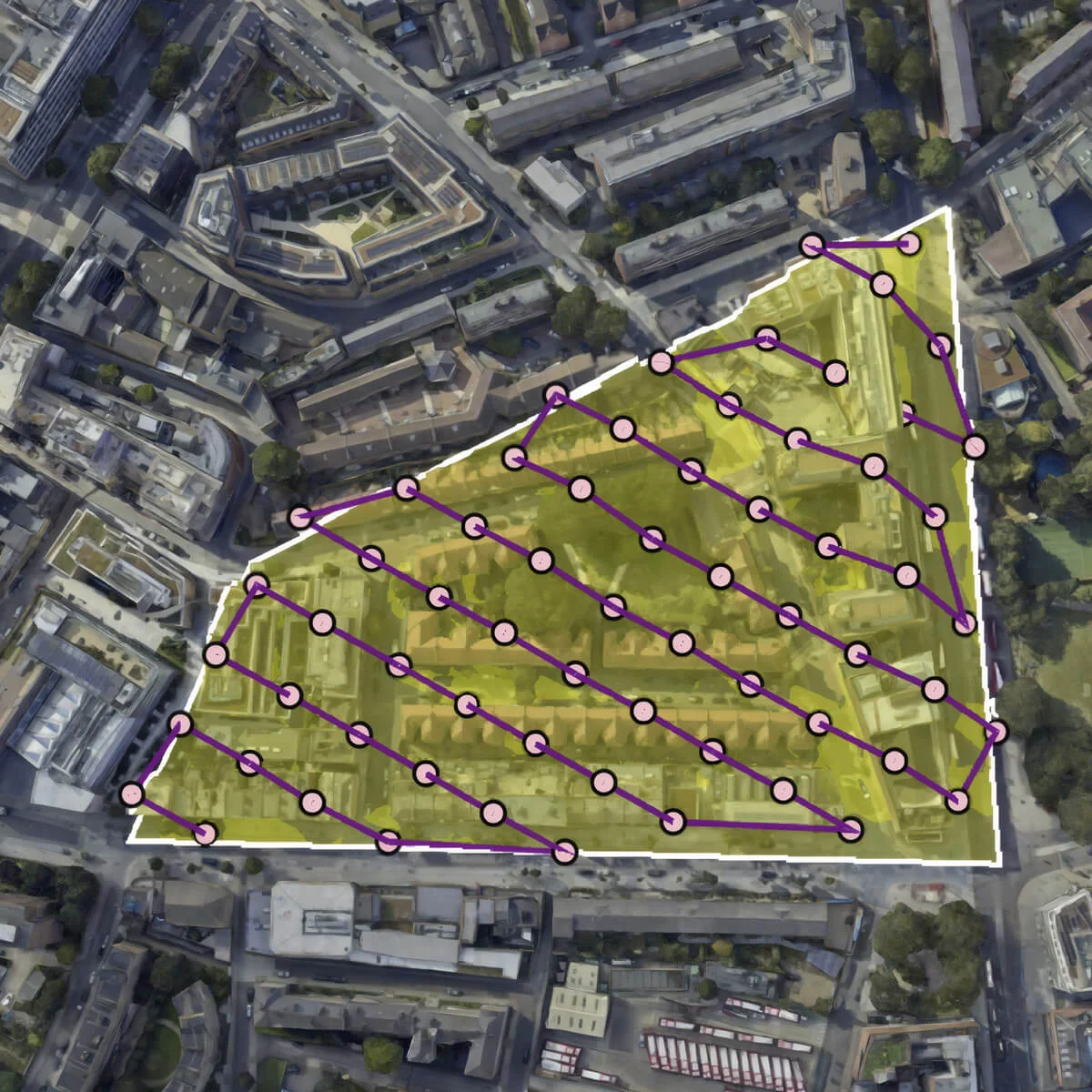 Parallel patterns with straight, back-and-forth lines to systematically cover large areas.