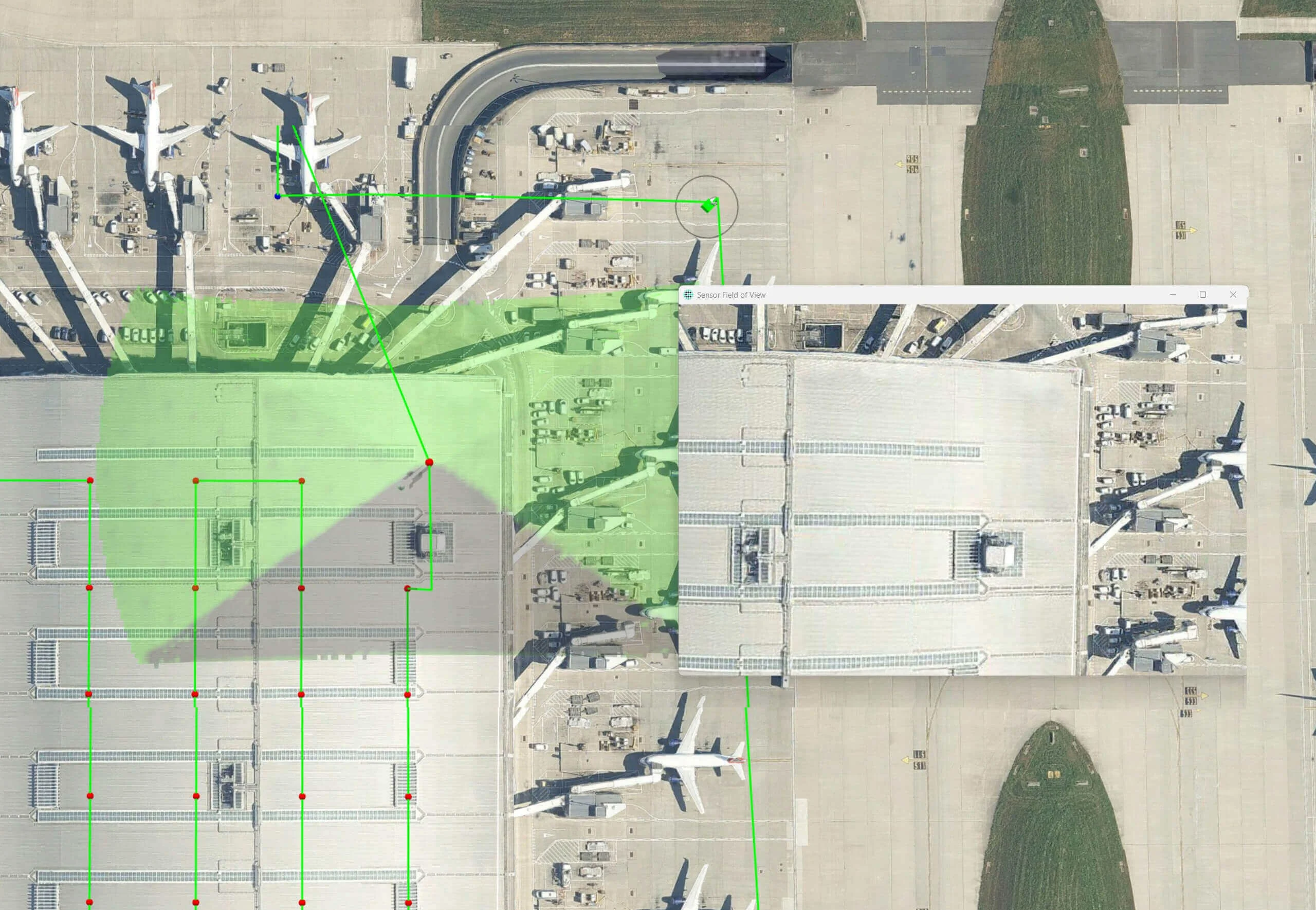 Carmenta Engine used for Line of Sight (LOS) analysis and pattern in a 3D model of London Heathrow Airport.