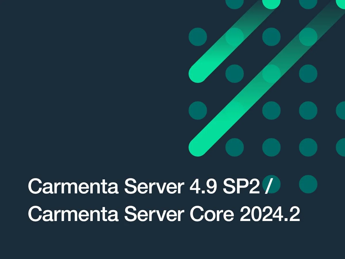 Green pattern och blue background and the text Carmenta Server 4.9 SP2 and Carmenta Server Core 2024.2