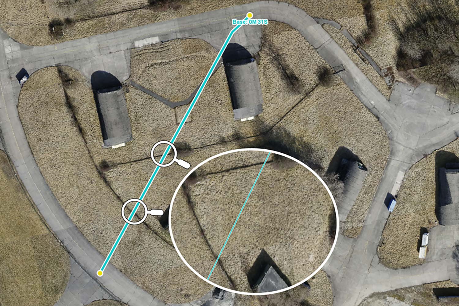 Two UGV routes visualized with low-resolution data. When overlayed with recent drone video, the image shows how the suggested routes cross several fences and ditches. 