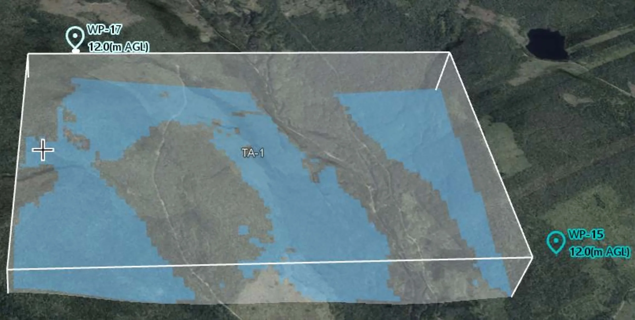 The image illustrates the line-of-sight coverage from two selected waypoints. The visible areas are highlighted in blue, and the altitude of the observation points directly affects the coverage result.