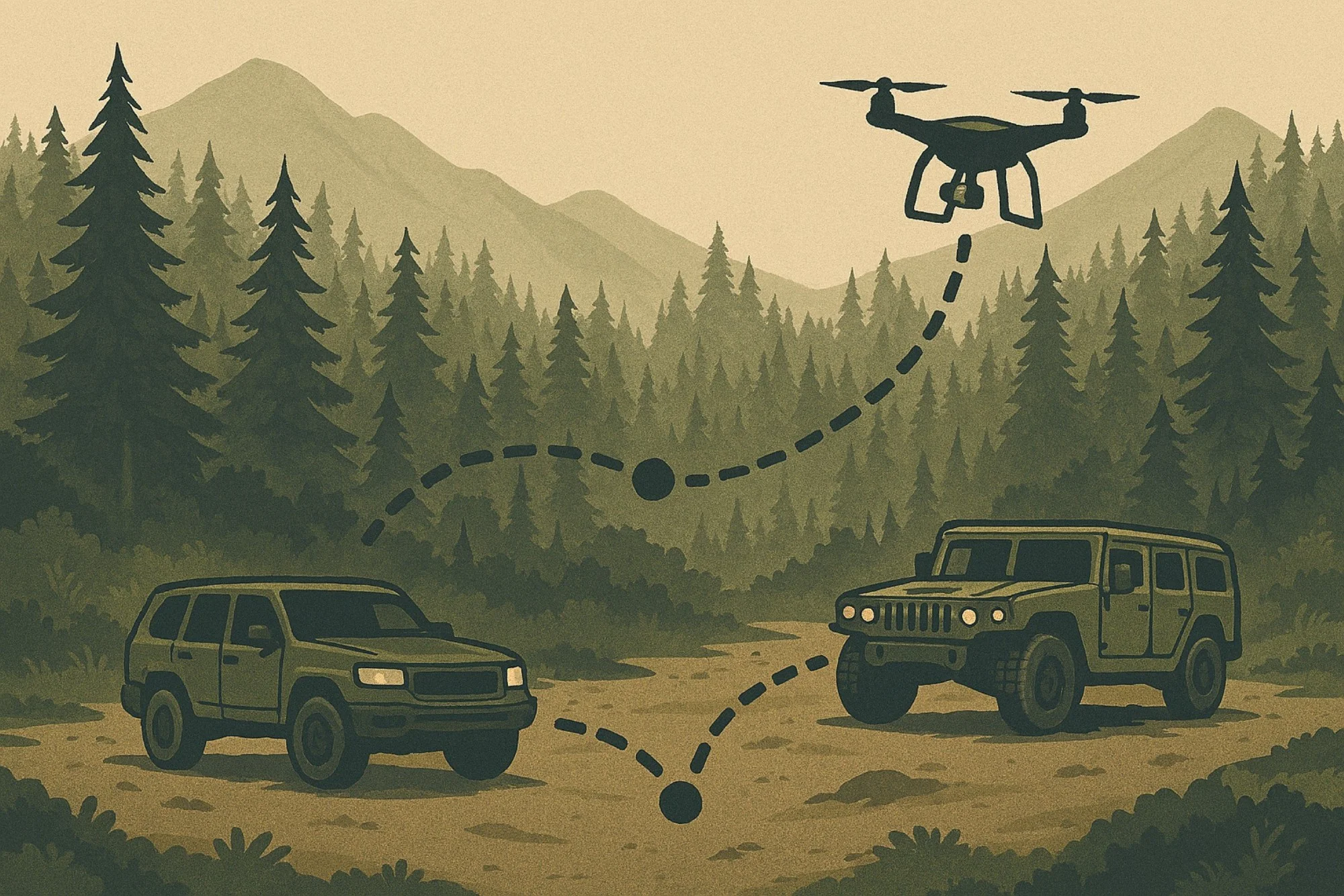 Military-style vehicles operating in a forest/mountain environment, with collaborative route paths shown between them and the drone.