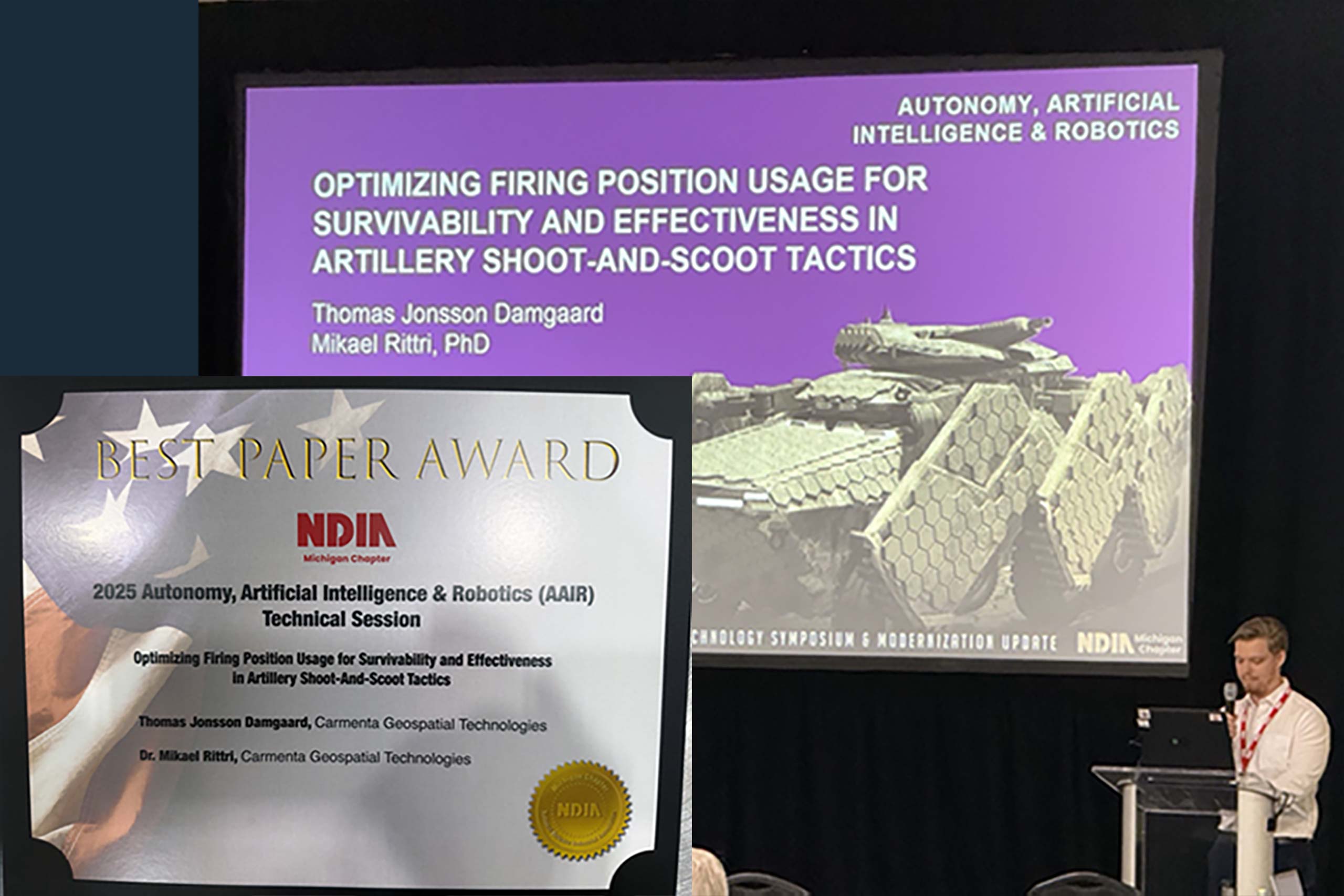 Image of presentation being held at GVSETS 2025 and the Best Paper Award plaque.