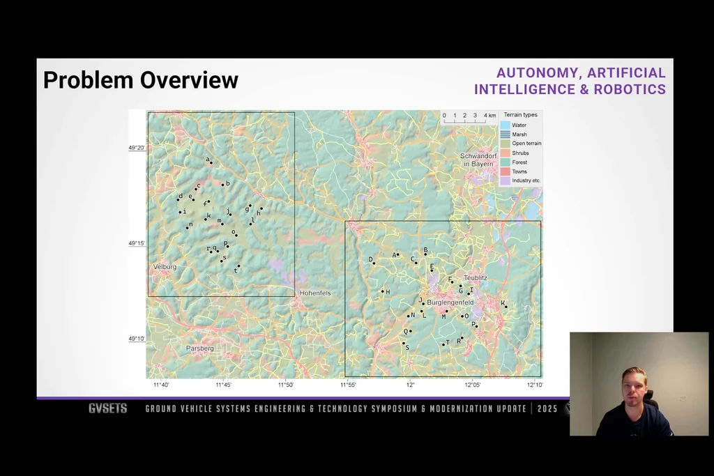 Screenshot from the webinar "Optimizing Firing Position Usage for Survivability and Effectiveness in Artillery Shoot-and-Scoot Tactics". showing a map with "Problem Overview"