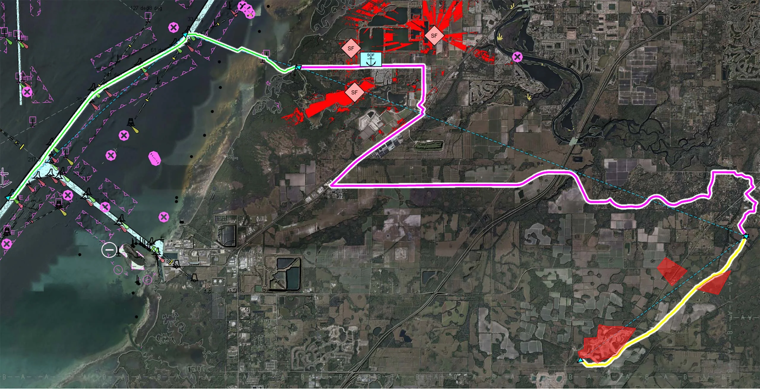 The image shows a map of a coastal area. It shows a cross-domain UxS scenario with a USV route shown in green, a UGV route shown in pink and a UAV route shown in yellow.