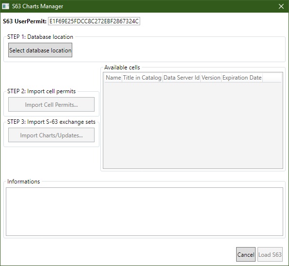 S-63 Charts Manager dialog showing user permit, database location button, available cells table, and information panel