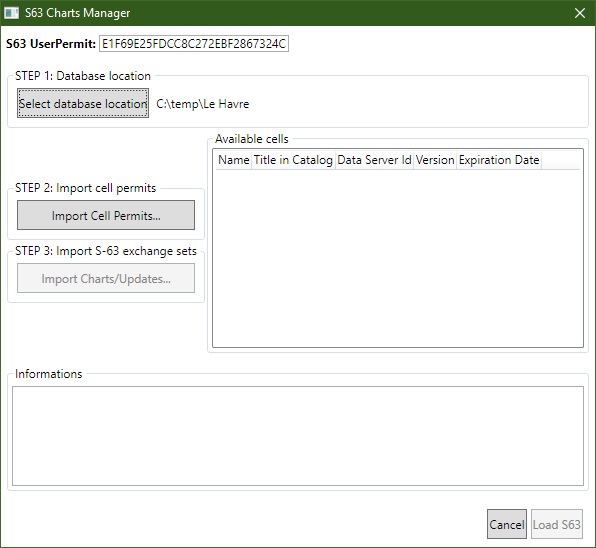 S-63 Charts Manager with database path field populated showing selected folder location