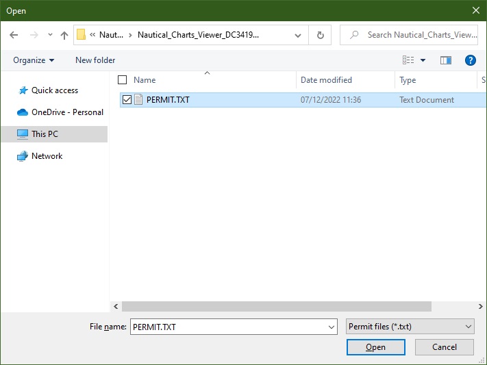 File browser dialog searching for PERMIT.TXT file in S-63 chart data directory