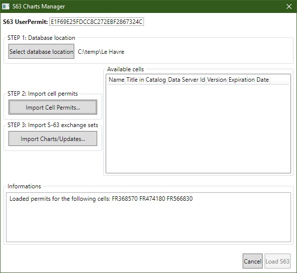 S-63 Charts Manager showing successful PERMIT.TXT import with cell permit log in information panel