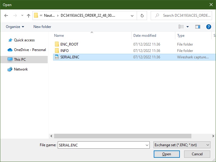 File browser dialog searching for exchange sets folder containing MEDIA.TXT or SERIAL.ENC