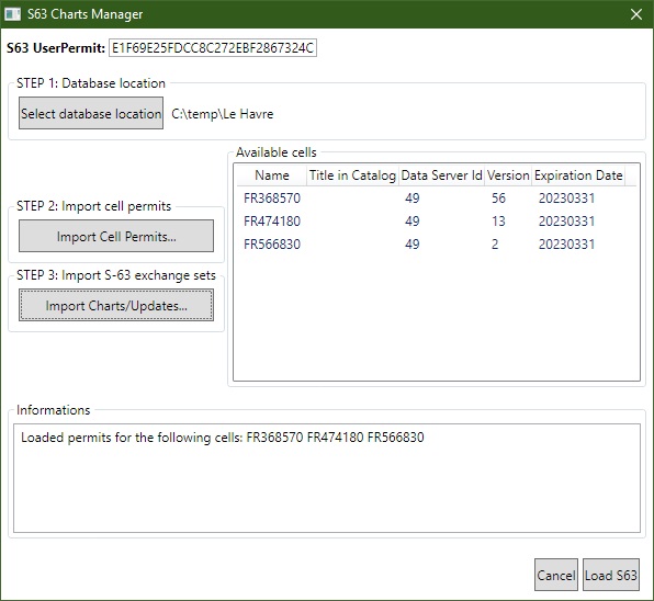 S-63 Charts Manager showing available cells table populated with imported chart cell information