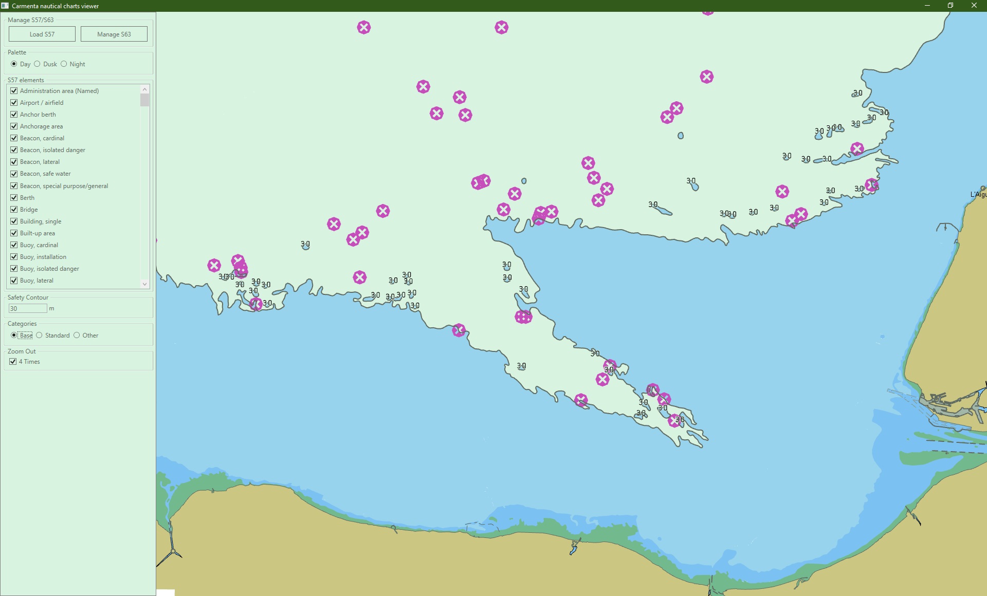 Map view displaying loaded S-63 nautical charts with coastlines and nautical features
