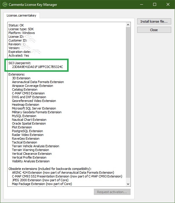 Carmenta License Key Manager showing S-63 User Permit field highlighted with alphanumeric permit code