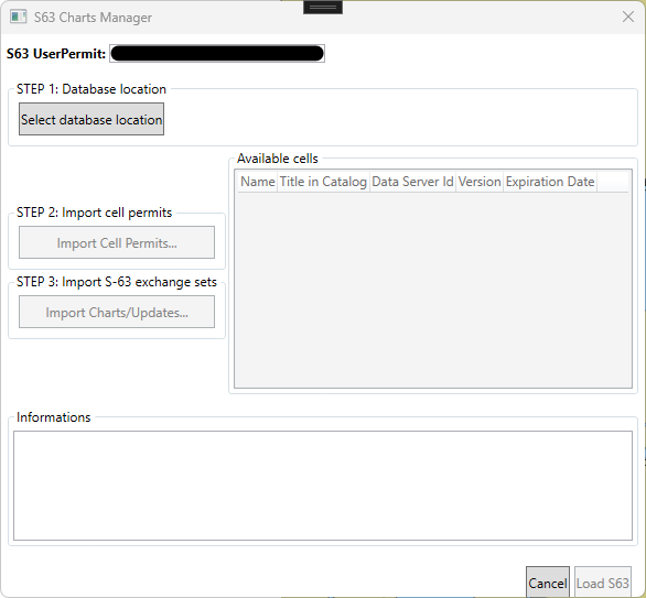 S-63 Charts Manager user interface example showing database controls, permit import, chart import buttons, and status panels