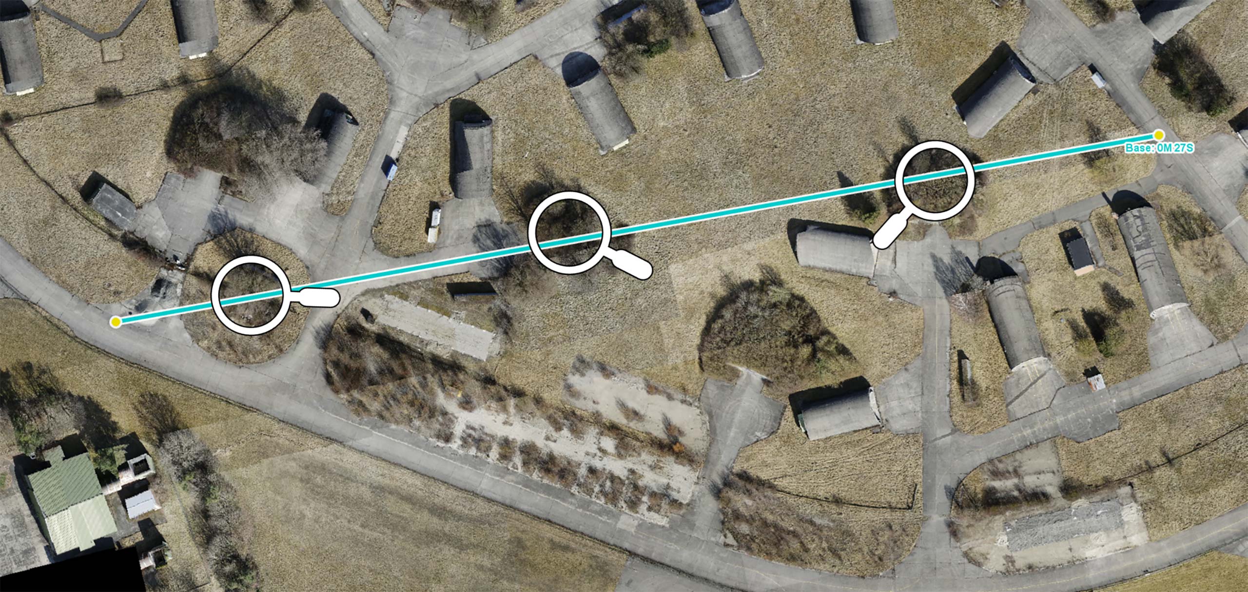 The image shows a route for a UAV, using only low-resolution terrain data. When overlayed on a frame from a recent drone video, it becomes clear that the planned route crosses several trees.