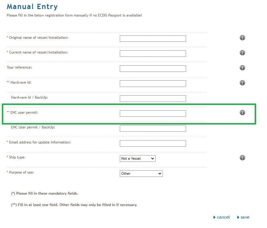 ChartWorld manual entry form with ENC user permit field highlighted for entering S-63 permit