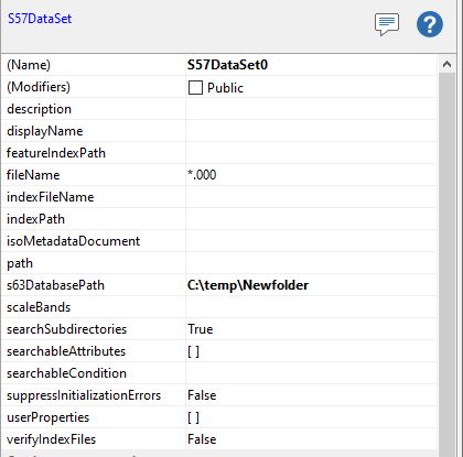 S57DataSet properties panel showing s63DatabasePath field set to C:\temp\Newfolder