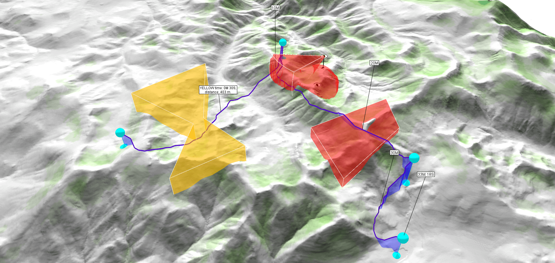 3D terrain view showing UAV flight path with waypoints routing around yellow and red restricted airspace volumes over mountainous terrain