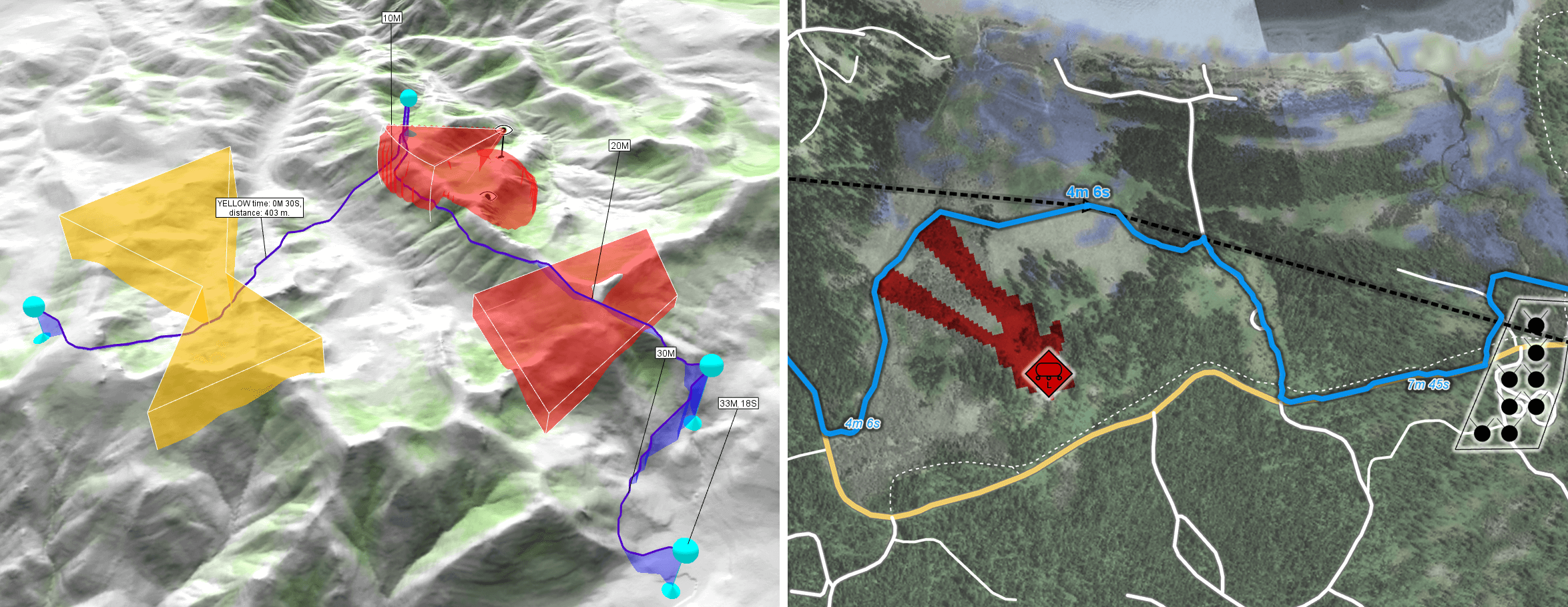 Side-by-side comparison of AirRouteOperator showing 3D aerial route avoiding restricted airspace volumes (left) and TerrainRouteOperator showing 2D ground route navigating around restricted areas (right)