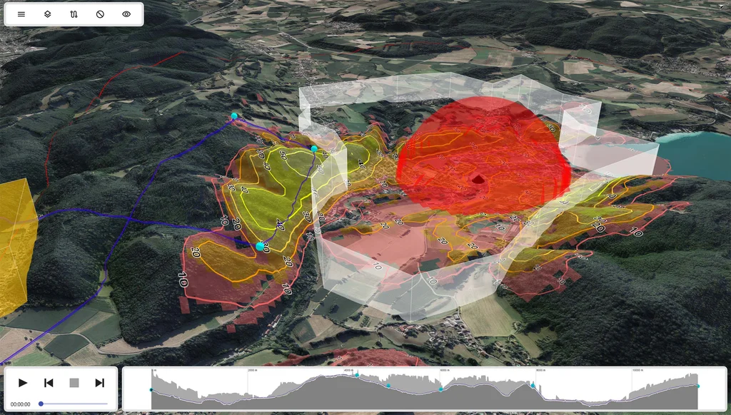 This image is from the Carmenta UAS Mission Kit demo application. The image shows a target area in grey, with an intervisibility analysis showing how much of the target area that is visible from each point. In the middle, in red, is an enemy 3D line-of-sight analysis. With the help of these analyses the turquise waypoints have been placed and a UAV route generated. 