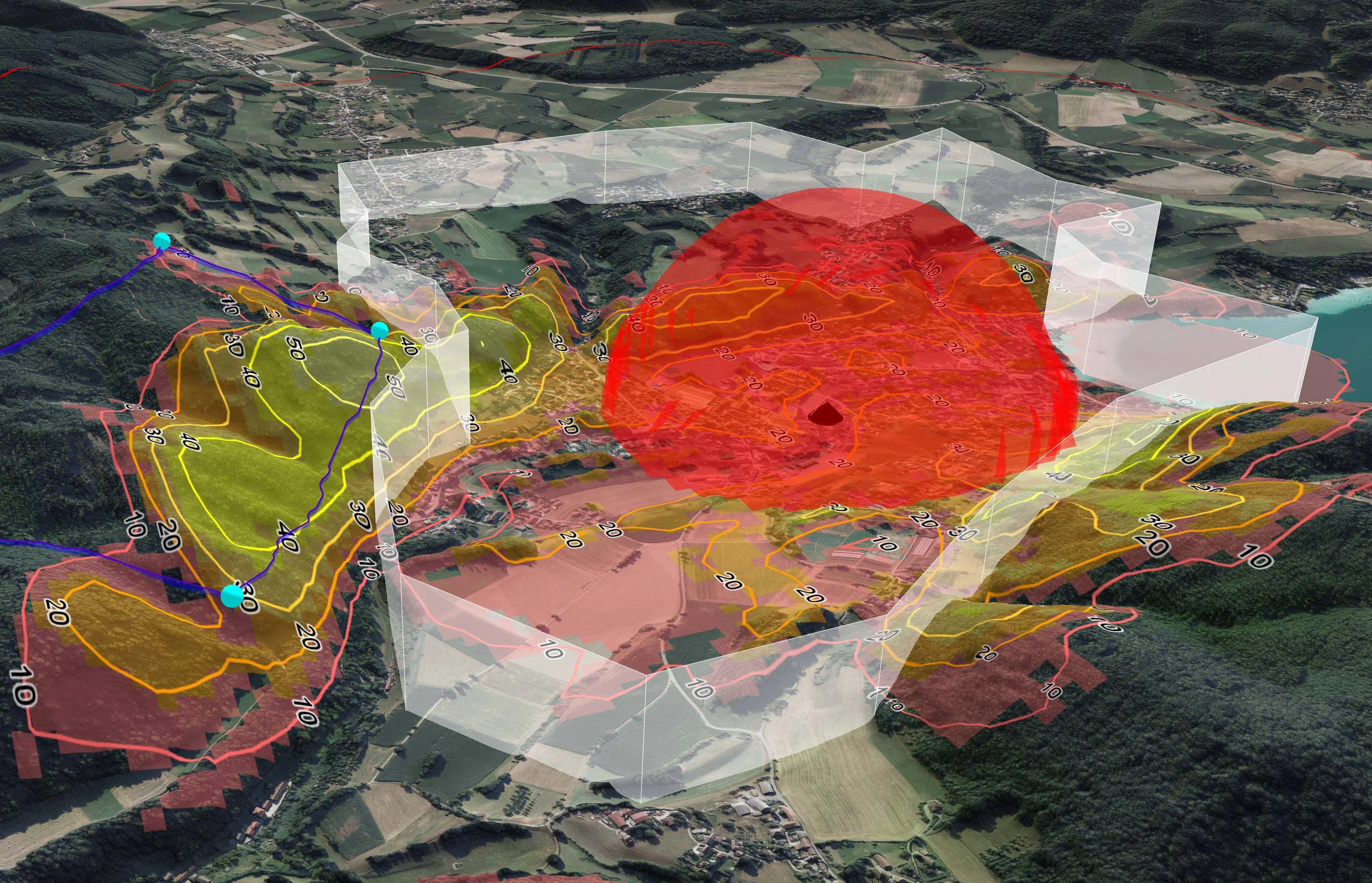 This image is from the Carmenta UAS Mission Kit demo application. The image shows a target area in grey, with an intervisibility analysis showing how much of the target area that is visible from each point. In the middle, in red, is an enemy 3D line-of-sight analysis. With the help of these analyses the turquise waypoints have been placed and a UAV route generated.