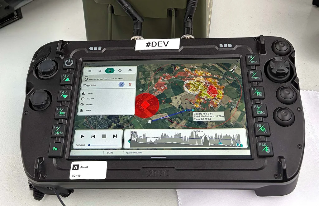Carmenta UAS Mission Kit displayed on a rugged Android device in Airolit's booth at International Drone Show 2026