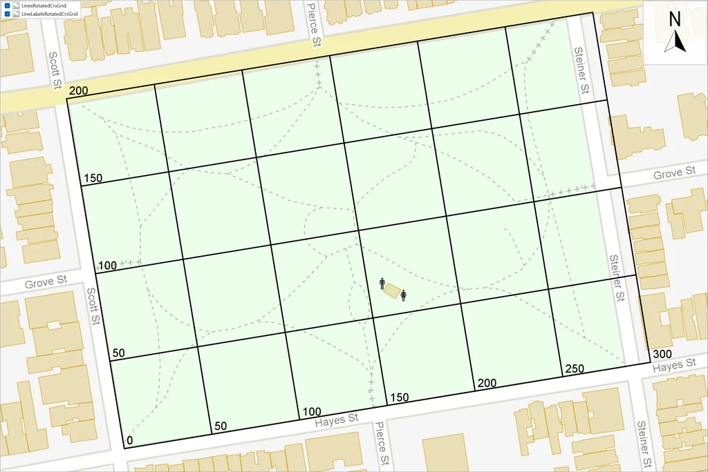 Park, rotated local CRS grid